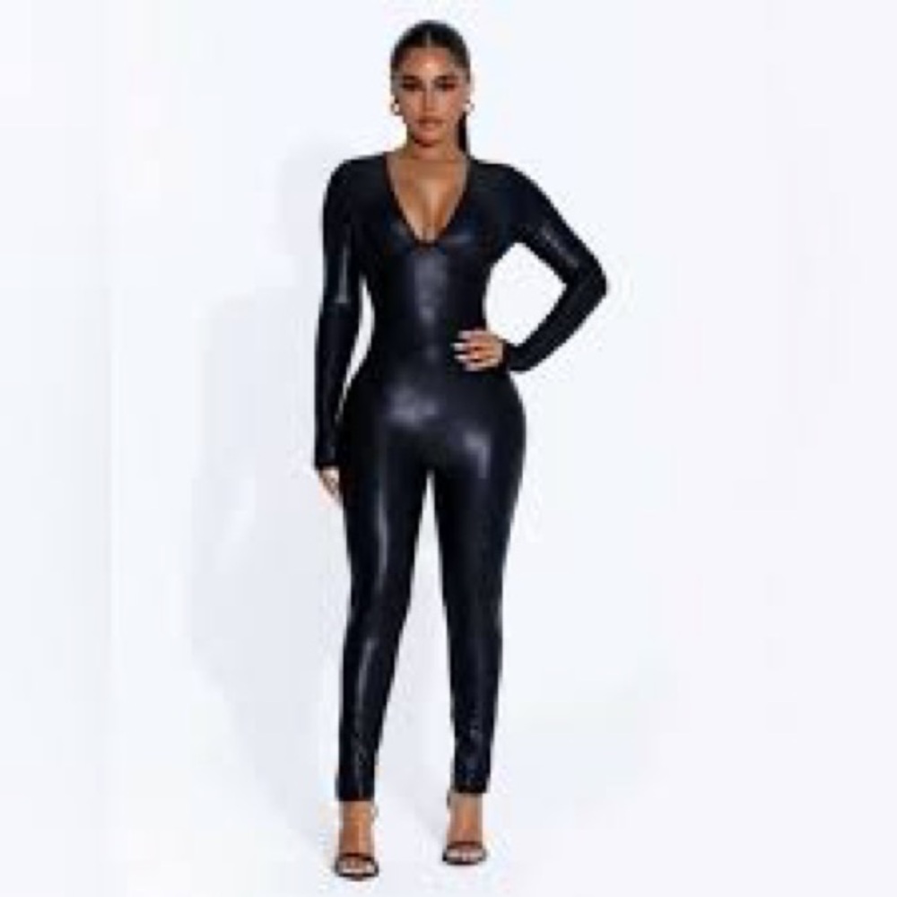 The Extra Drip Faux Leather Long Sleeve Jumpsuit by Naked Wardrobe Black Size L